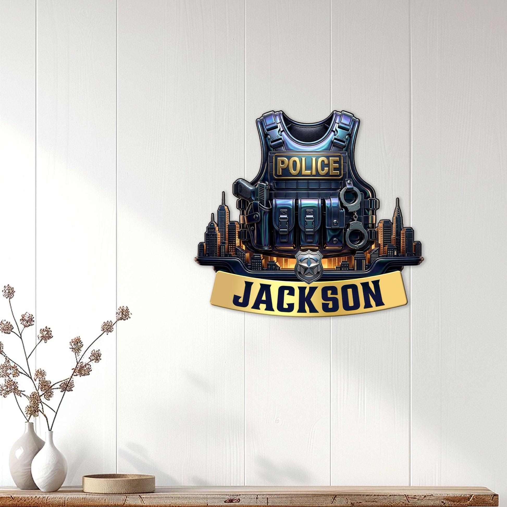 Police wall decor metal sign displayed on a light wood-paneled wall