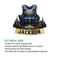 Police metal sign product infographic showing the tactical vest and city skyline design