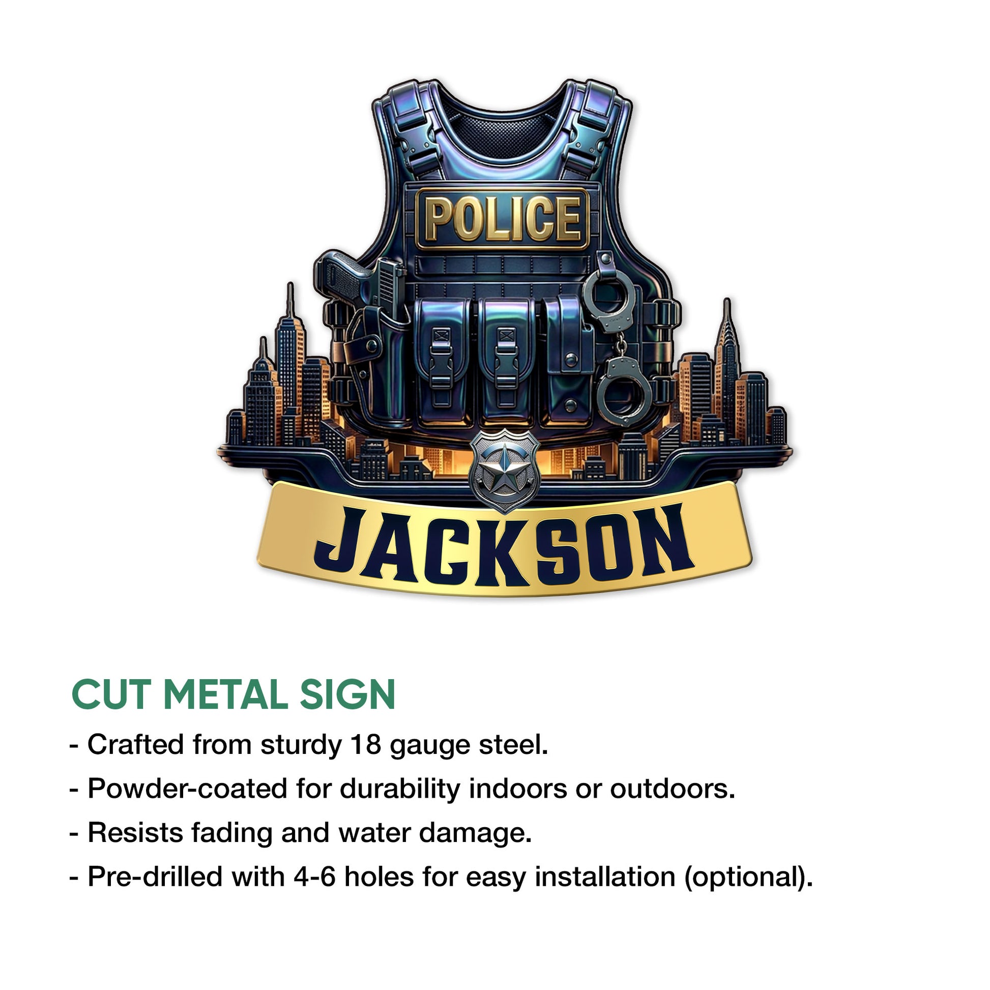 Police metal sign product infographic showing the tactical vest and city skyline design