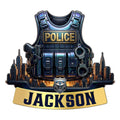Custom police metal sign featuring a tactical vest, handcuffs, badge, and city skyline