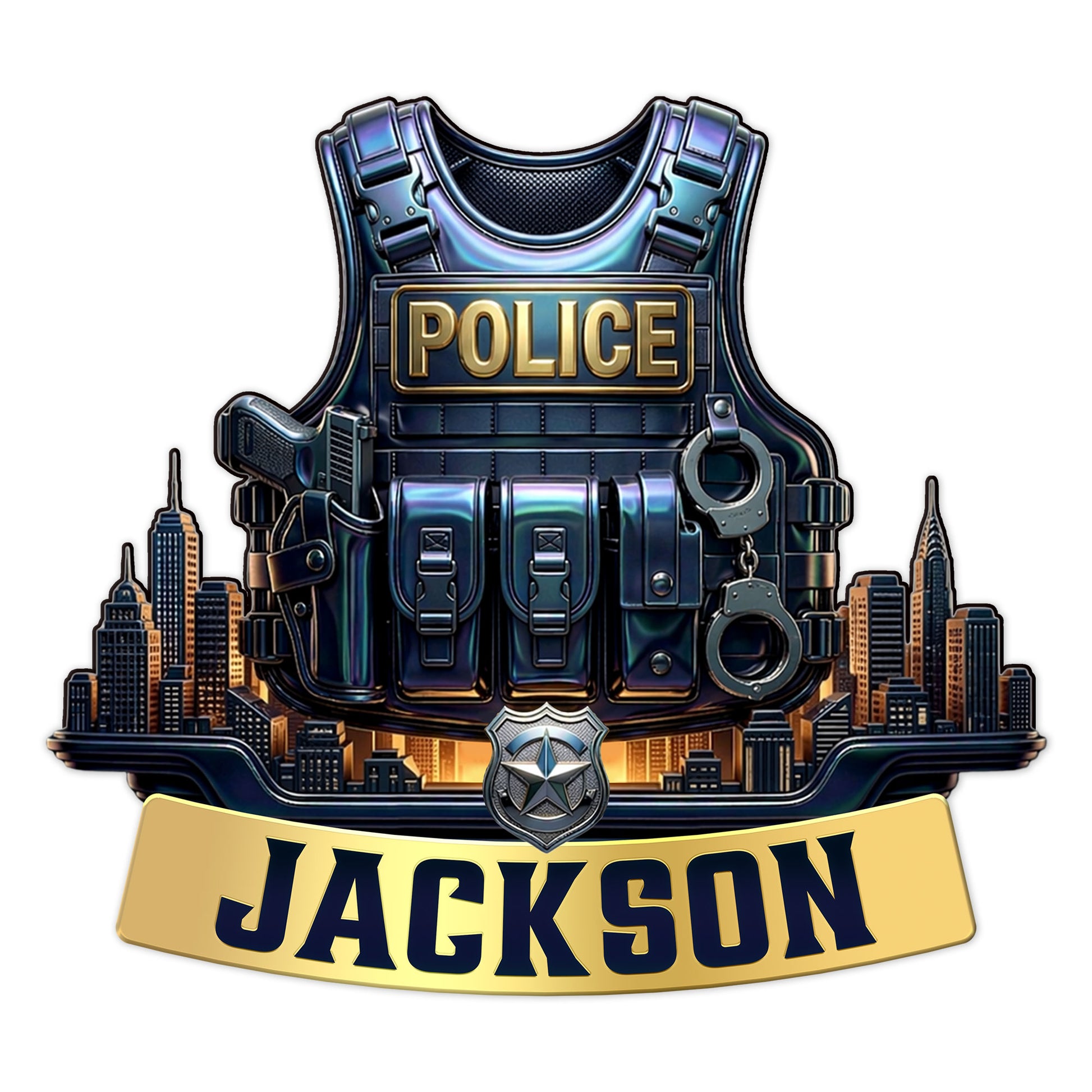 Custom police metal sign featuring a tactical vest, handcuffs, badge, and city skyline