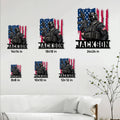 Veteran soldier metal sign size guide showing available sizes from 8 by 8 to 24 by 24 inches
