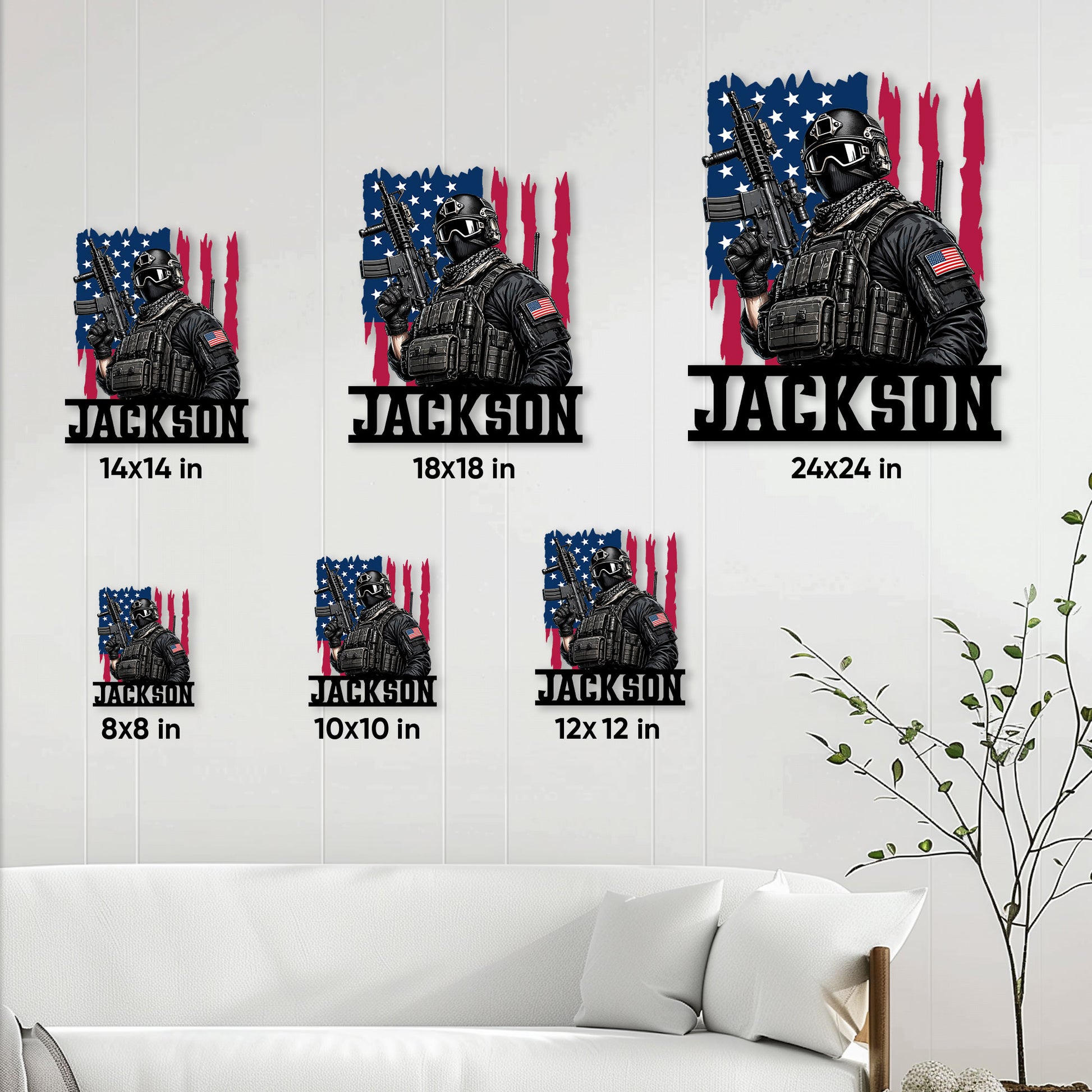 Veteran soldier metal sign size guide showing available sizes from 8 by 8 to 24 by 24 inches