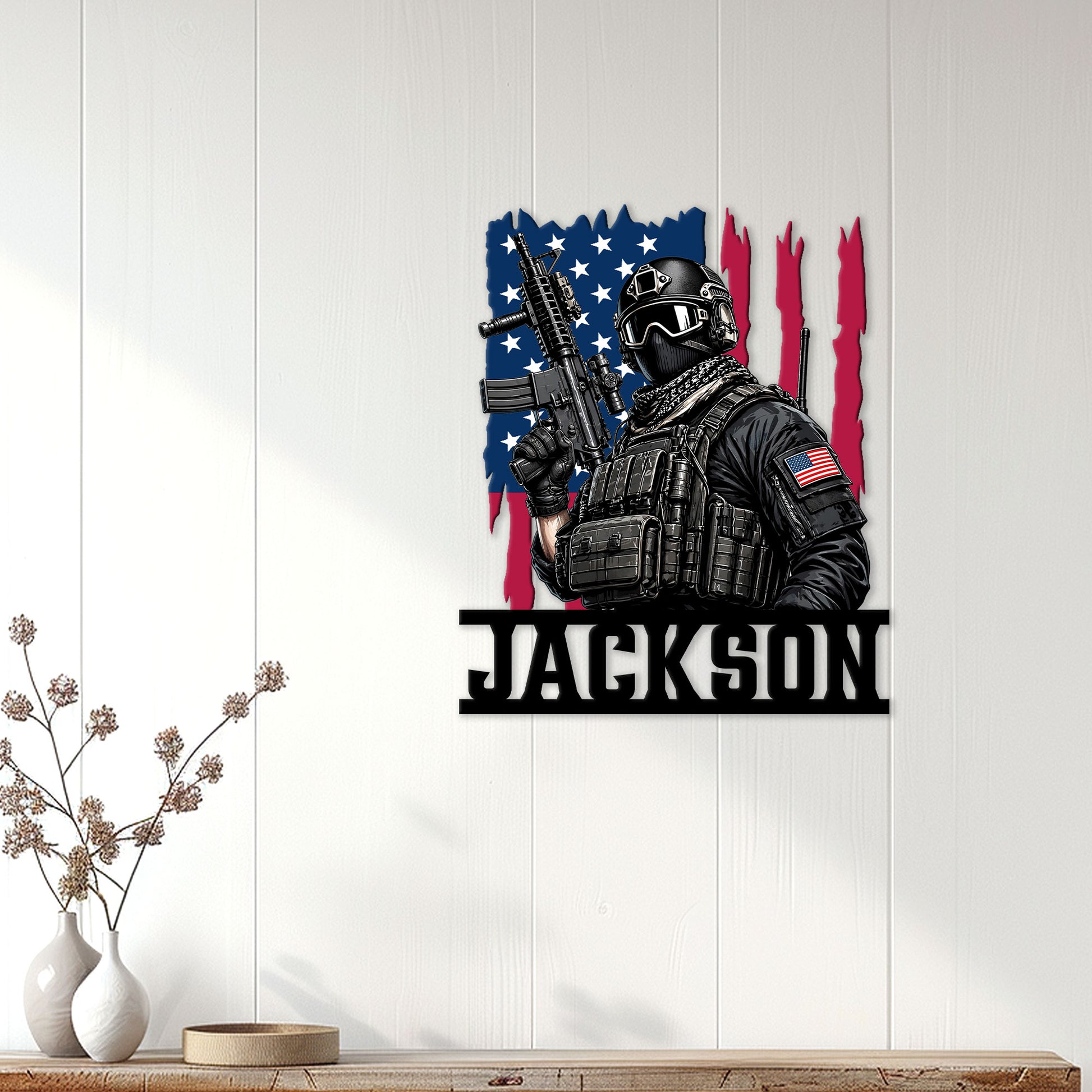 Custom military wall sign displayed on a light wood-paneled wall in a home decor setting