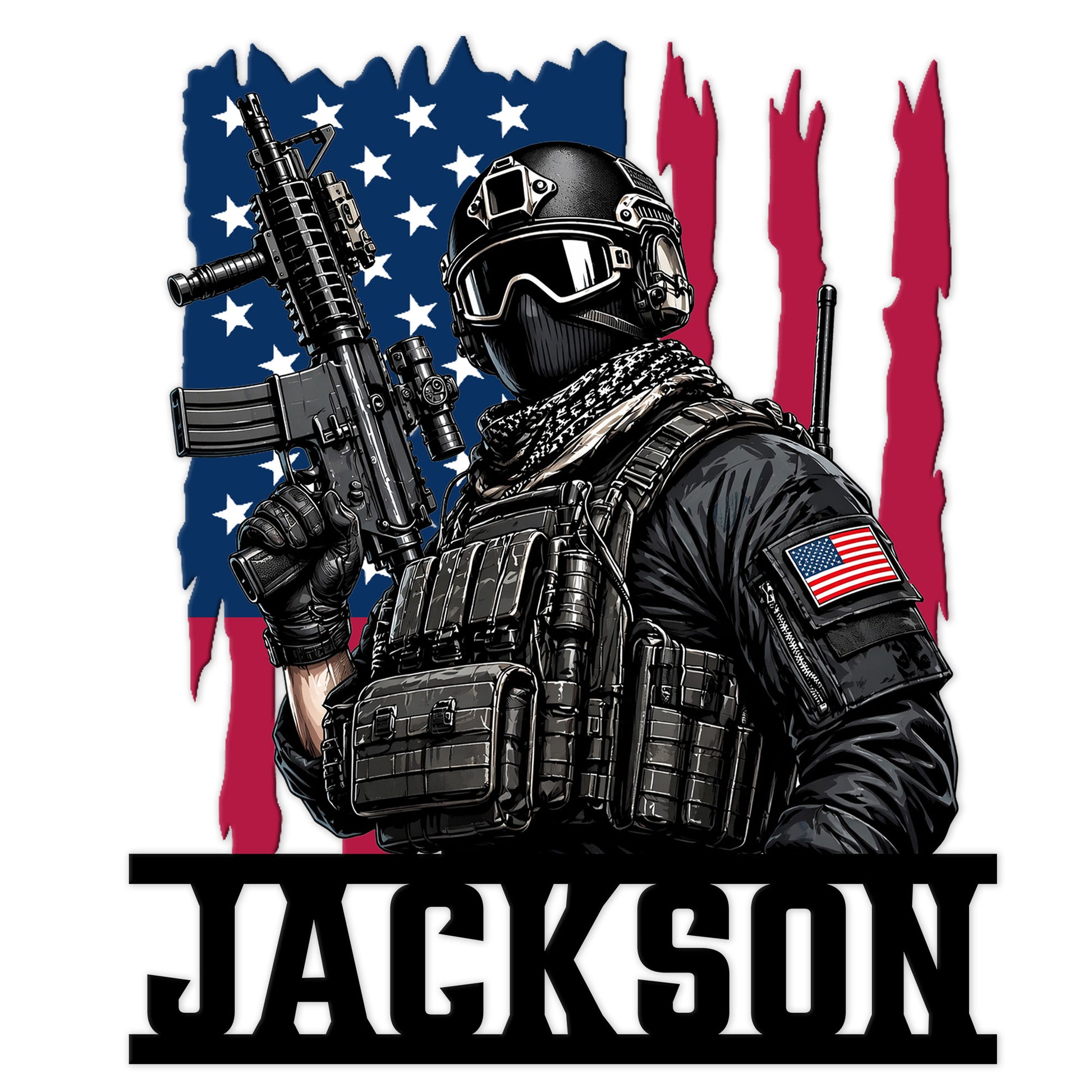 Custom veteran metal sign featuring a tactical soldier with rifle against a distressed American flag