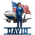 Pilot metal sign featuring an airline captain, passenger jet, American flag, and bold blue design