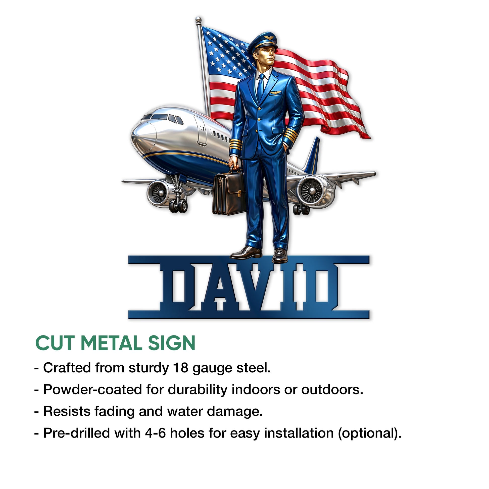 Pilot metal sign feature graphic showing an airline captain, passenger plane, and patriotic aviation artwork