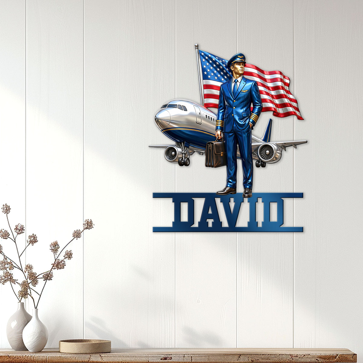 Pilot metal wall decor displayed on a light wood-paneled wall in a modern home setting