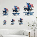 Pilot metal sign size guide showing six available square sizes in a living room display