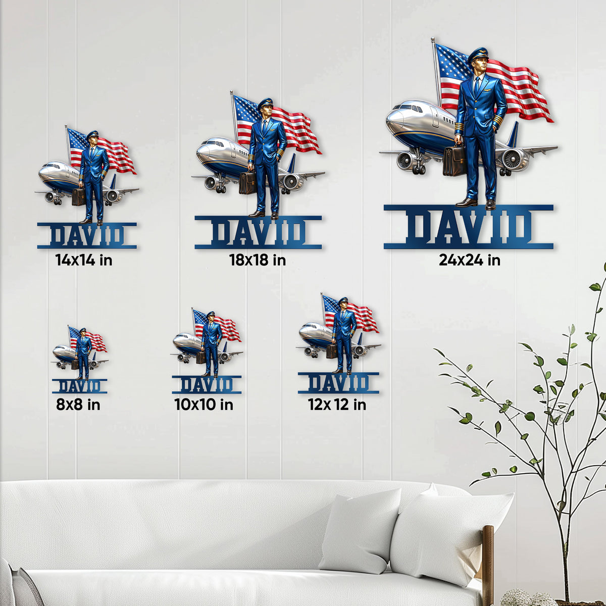 Pilot metal sign size guide showing six available square sizes in a living room display