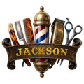 Custom barber metal sign featuring a vintage barbershop pole, clippers, scissors, razors, and combs