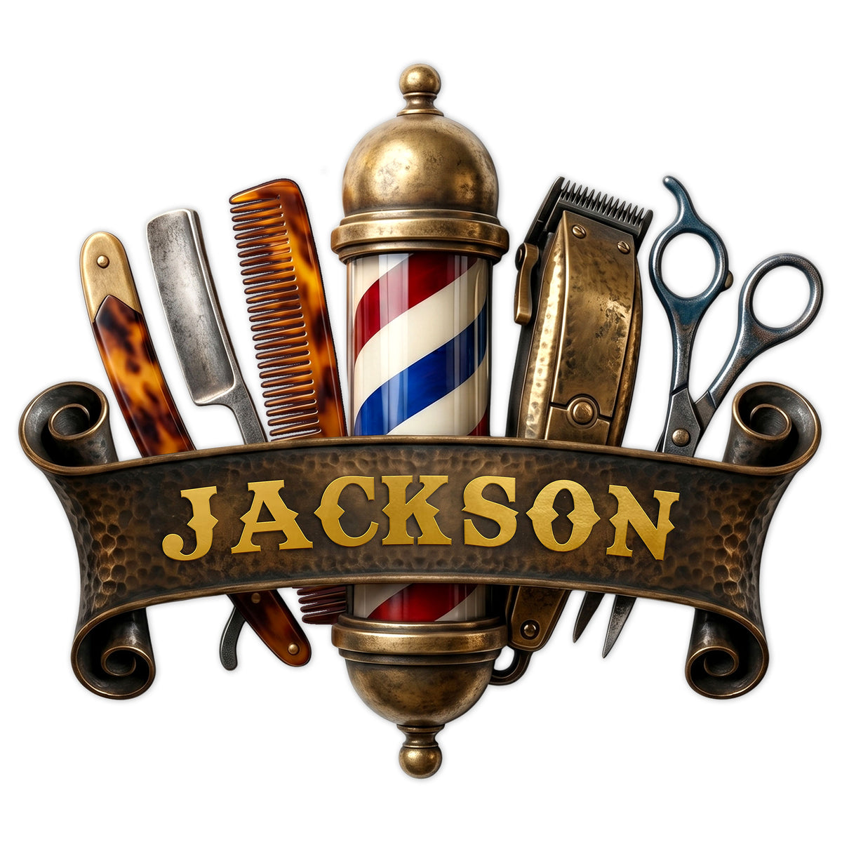 Custom barber metal sign featuring a vintage barbershop pole, clippers, scissors, razors, and combs