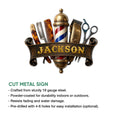 Barber metal sign shown with classic grooming tools and a decorative vintage barbershop design