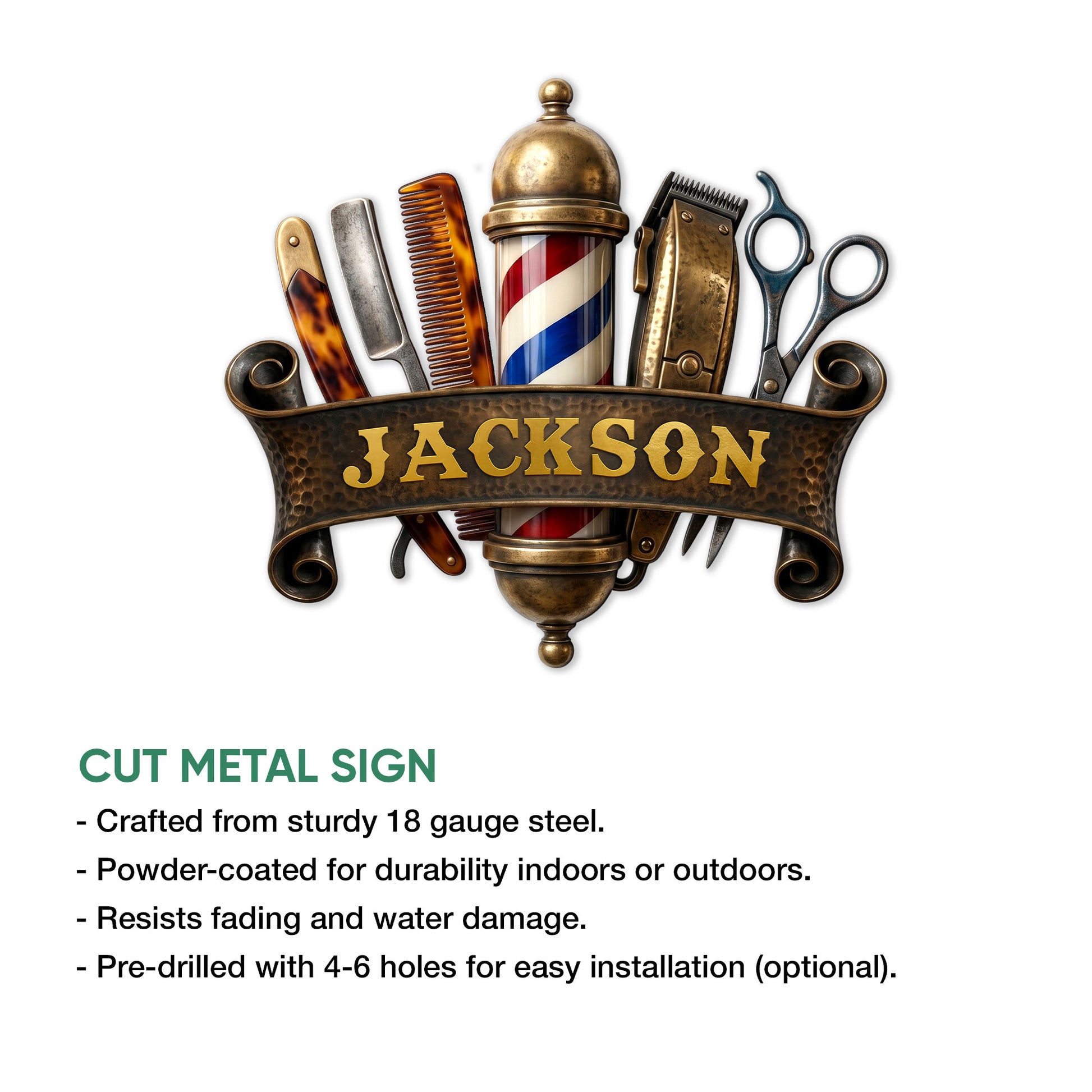 Barber metal sign shown with classic grooming tools and a decorative vintage barbershop design