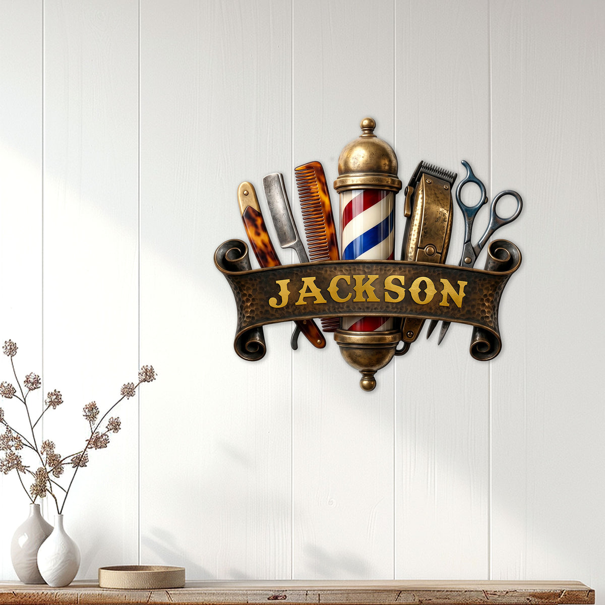 Barbershop wall decor displayed on white wood paneling in a clean salon or barber studio setting