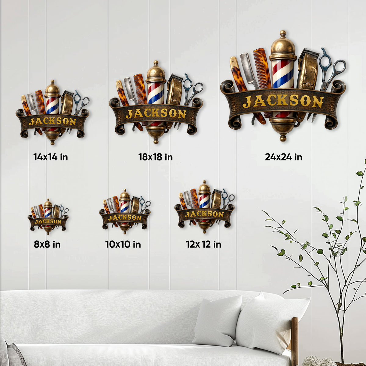 Barber metal sign size guide showing available square sizes from 8 by 8 to 24 by 24 inches