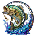Colorful bass fishing metal sign with a lure, fishing rod, and splashing waves