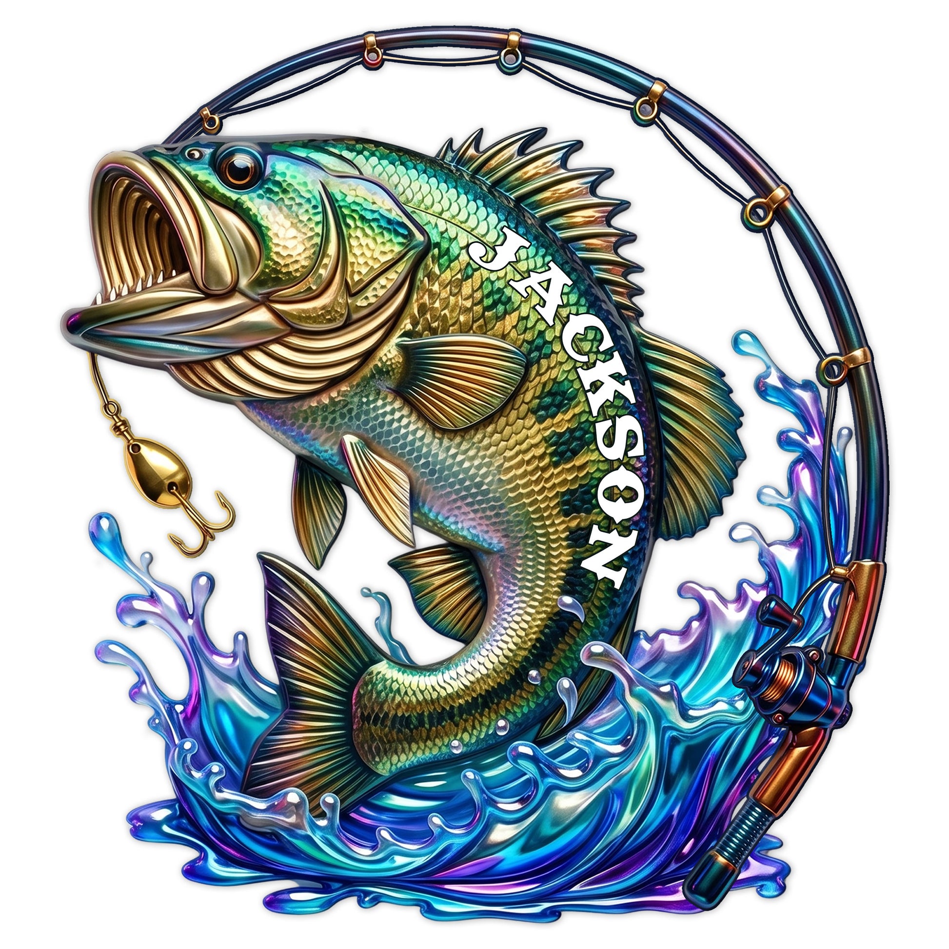 Colorful bass fishing metal sign with a lure, fishing rod, and splashing waves