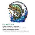 Bass fishing cut metal sign displayed with a feature guide for indoor or outdoor use