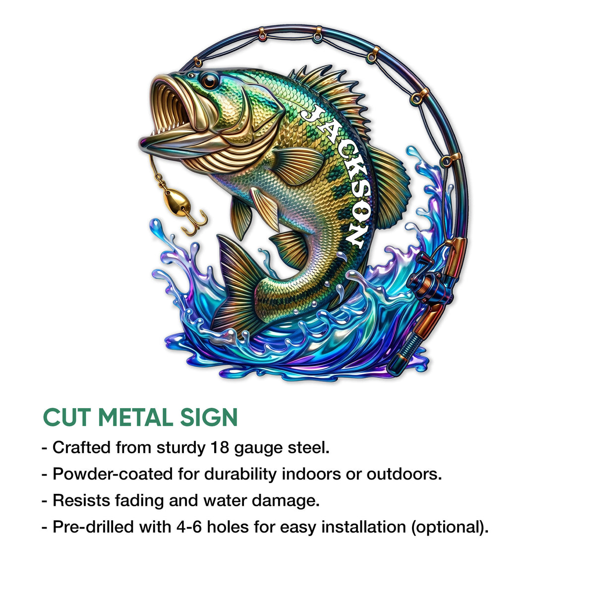 Bass fishing cut metal sign displayed with a feature guide for indoor or outdoor use