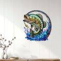 Bass fishing wall sign mounted on white paneling above a console table