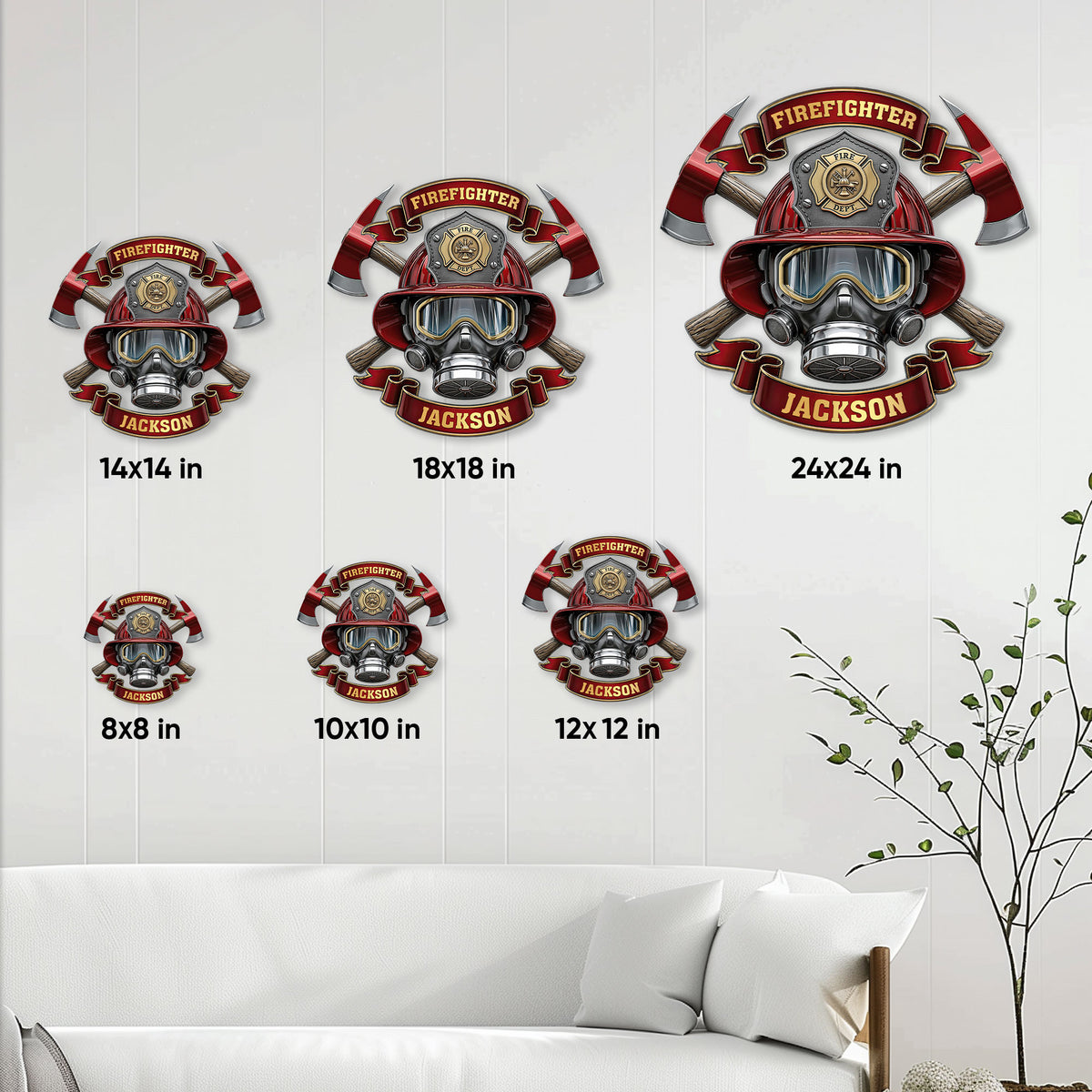Firefighter metal sign size guide showing 8x8, 10x10, 12x12, 14x14, 18x18, and 24x24 inch options