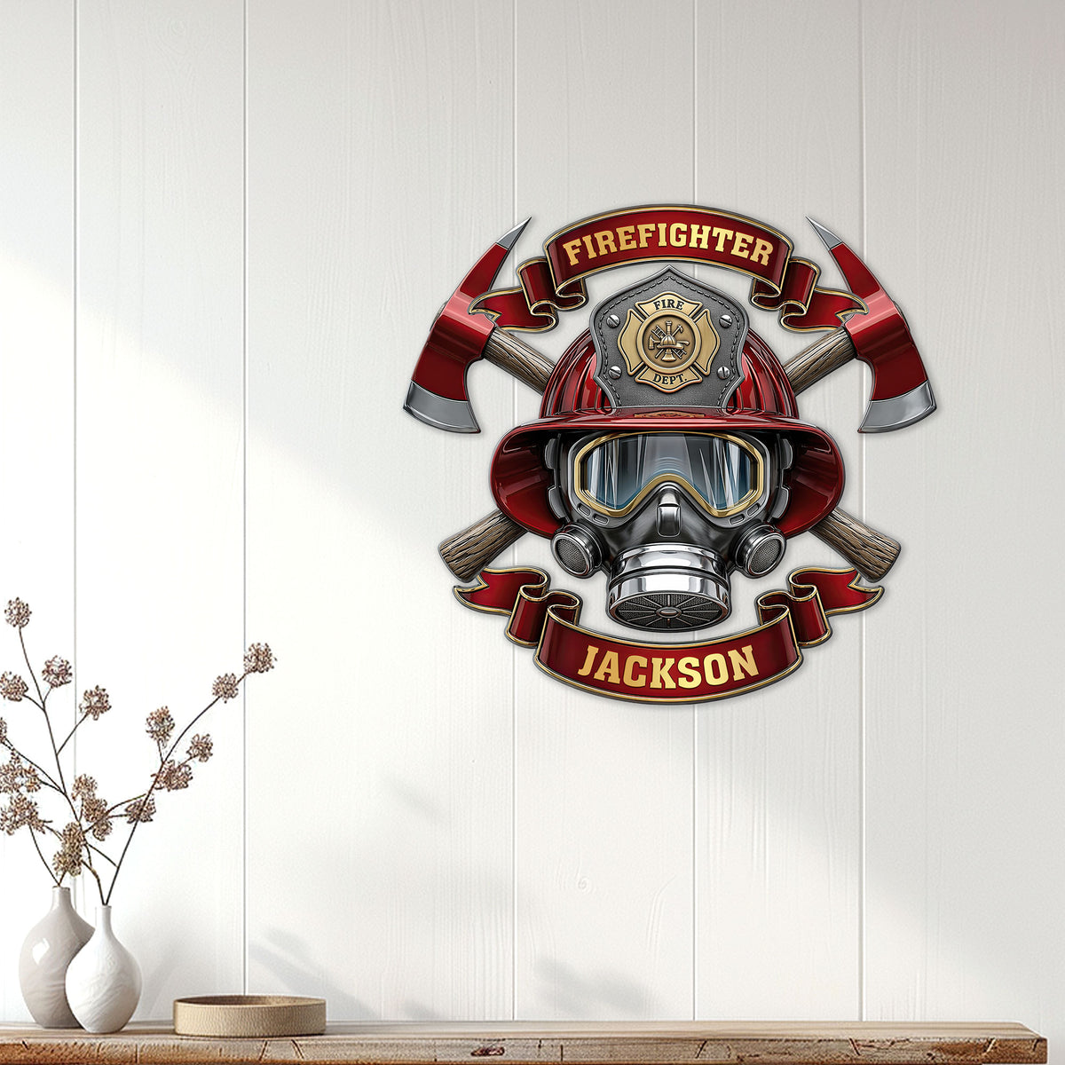 Firefighter metal wall sign displayed on a white wood-paneled wall above a console table