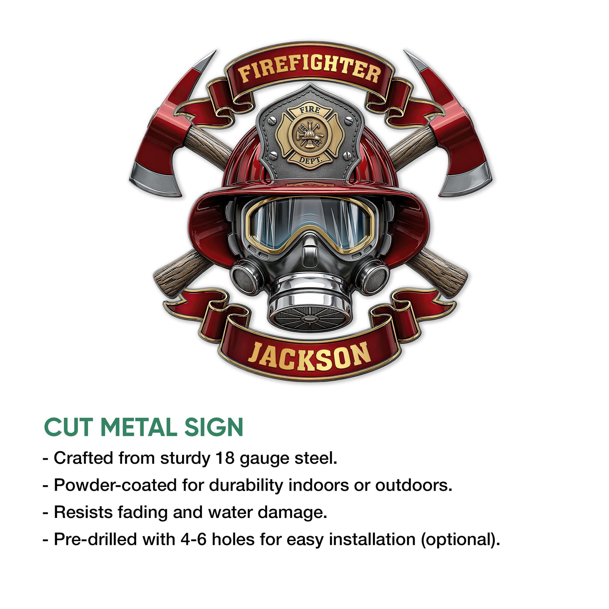 Firefighter cut metal sign shown with a detailed helmet, crossed axes, fire badge, and red ribbon artwork
