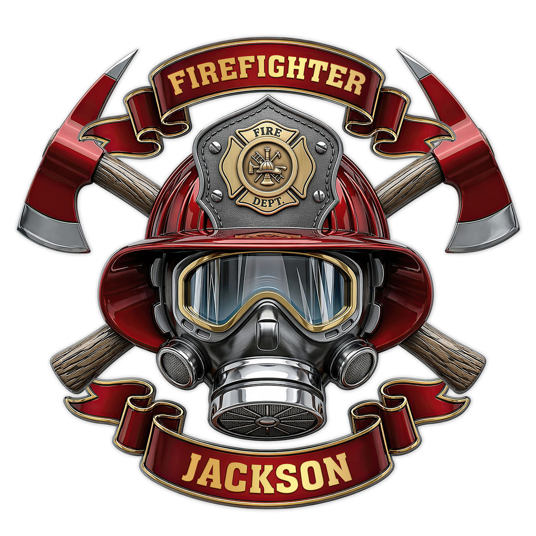 Custom firefighter metal sign featuring a red helmet, crossed axes, fire badge, respirator mask, and ribbon design