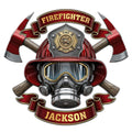 Custom firefighter metal sign featuring a red helmet, crossed axes, fire badge, respirator mask, and ribbon design