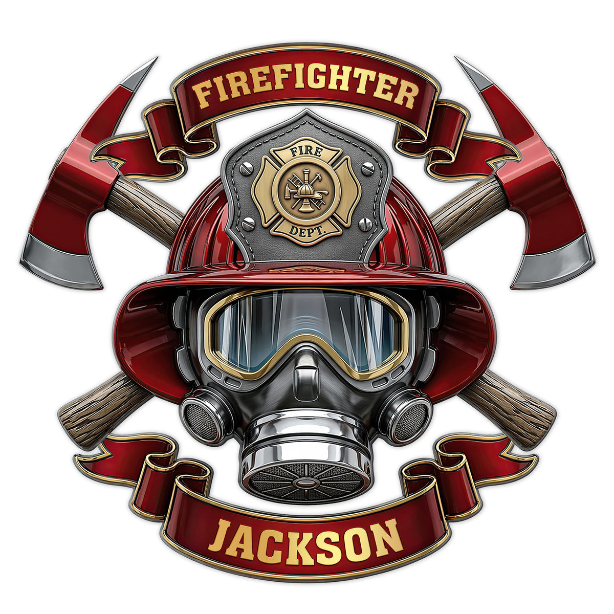 Custom firefighter metal sign featuring a red helmet, crossed axes, fire badge, respirator mask, and ribbon design