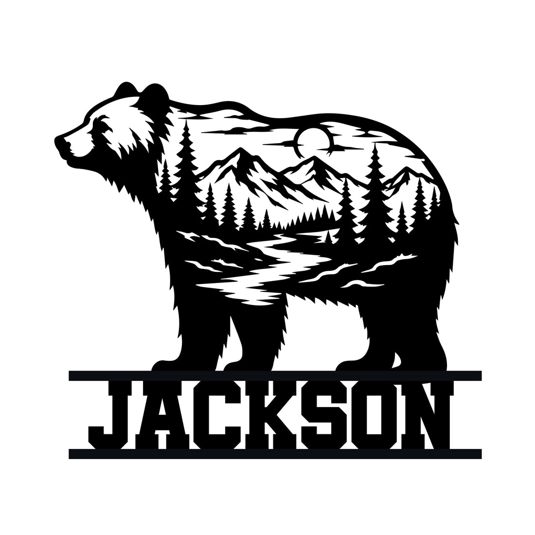 Bear metal sign featuring a mountain landscape, pine forest, river, and moon in a bold silhouette design
