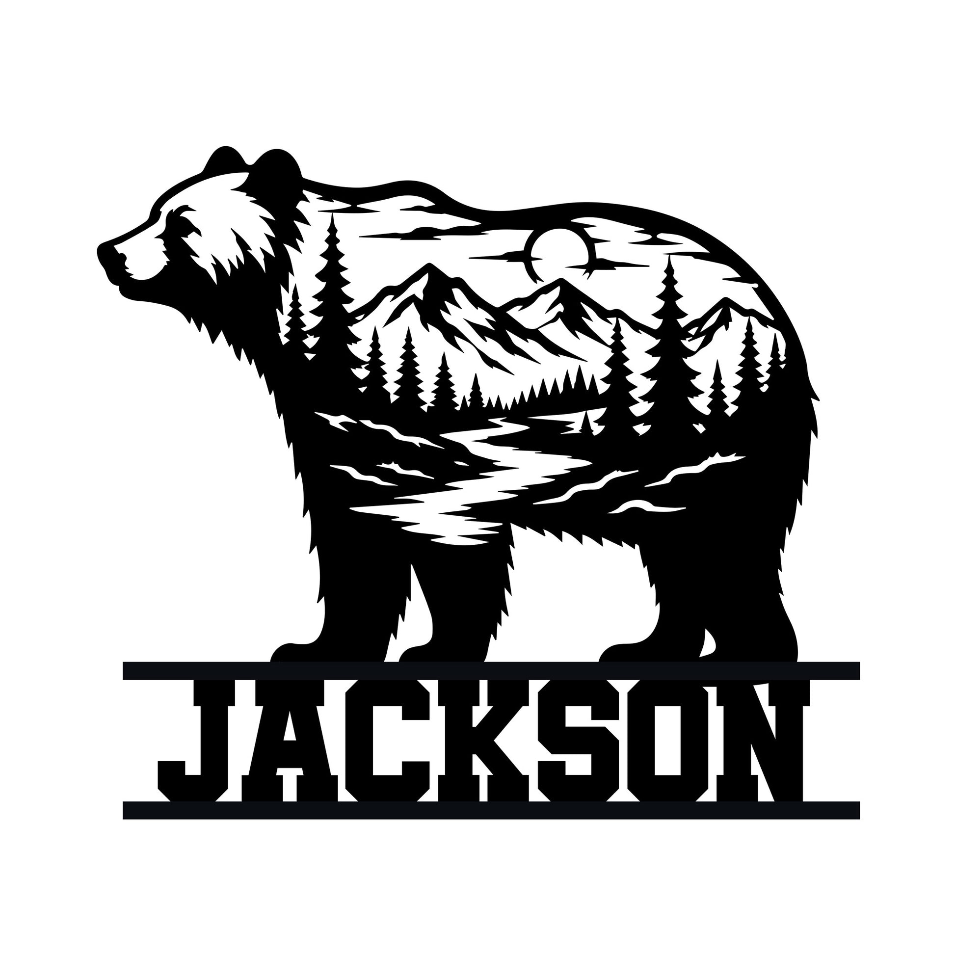 Bear metal sign featuring a mountain landscape, pine forest, river, and moon in a bold silhouette design
