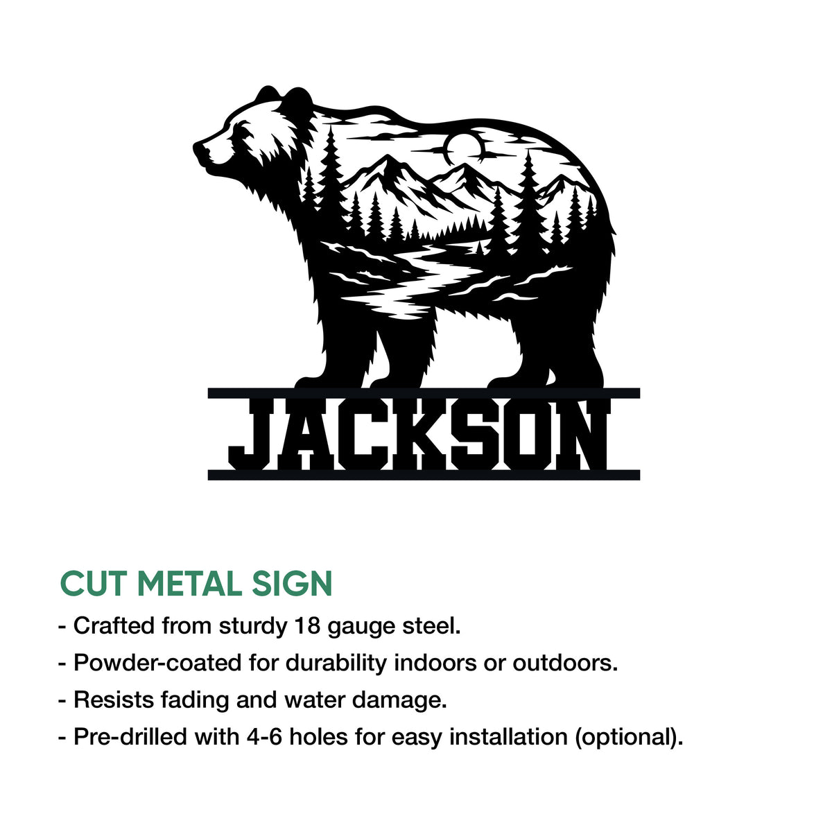 Cut metal bear sign with a scenic mountain, forest, river, and moon design shown in a product feature graphic
