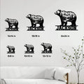 Bear metal sign size guide showing multiple square size options displayed in a bright living room setting