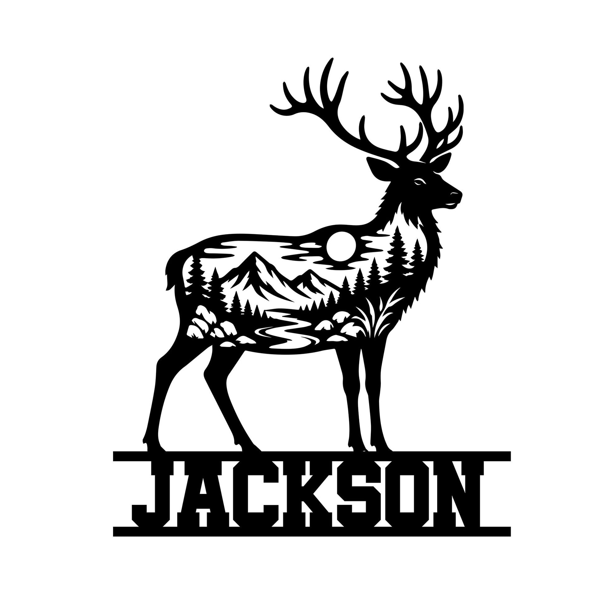 Custom deer metal sign featuring a stag silhouette filled with mountain, forest, river, and moon scenery