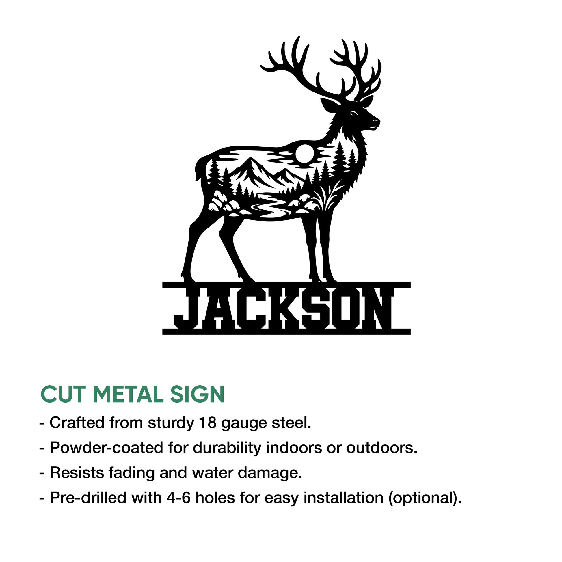 Deer metal sign shown with a detailed stag and wilderness landscape silhouette design