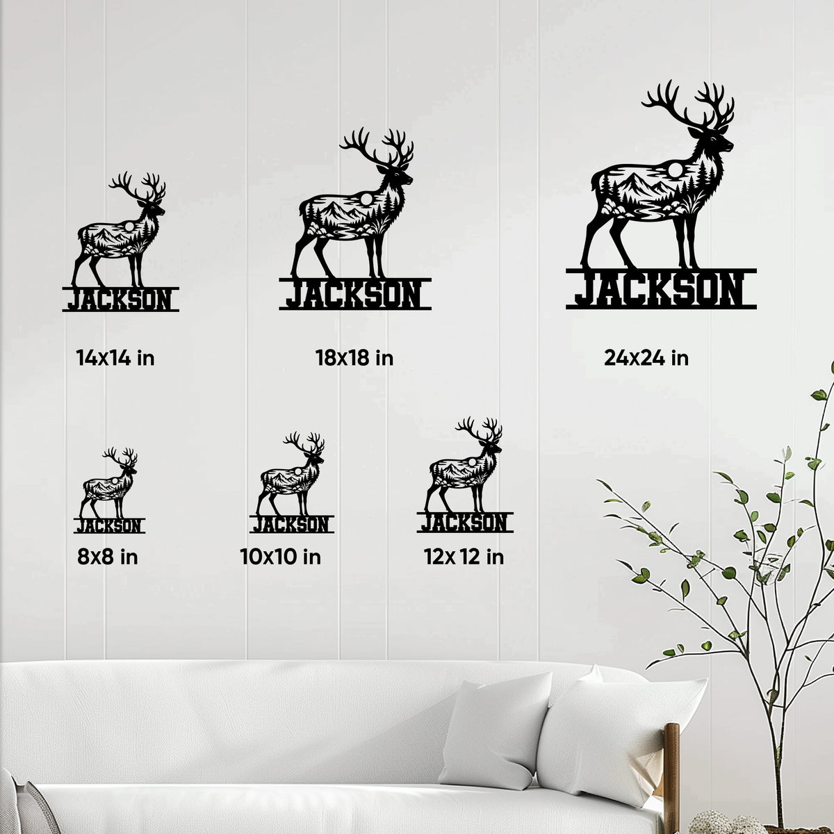 Deer metal sign size guide showing 8x8, 10x10, 12x12, 14x14, 18x18, and 24x24 inch options