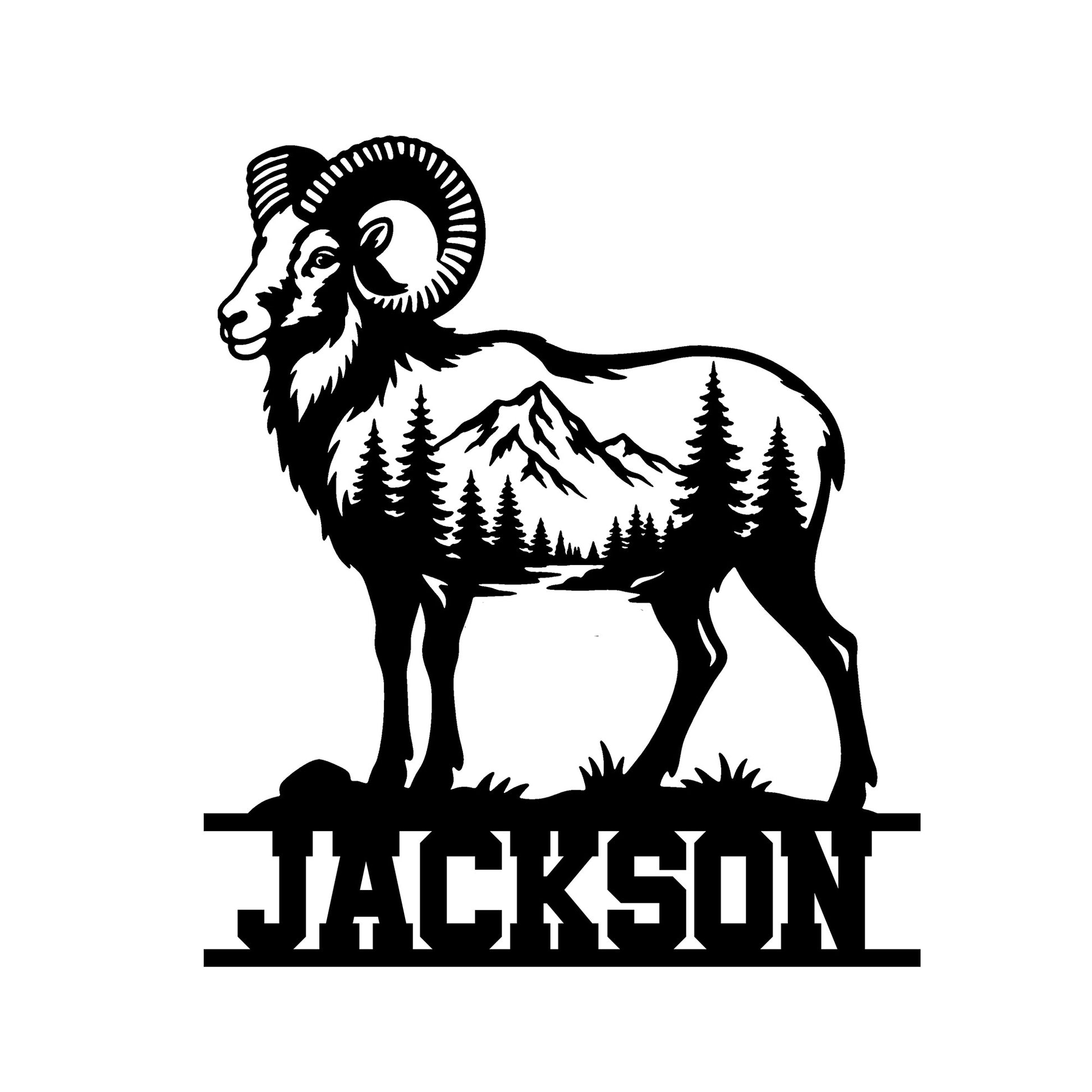 Bighorn sheep metal sign featuring a mountain landscape silhouette and bold wildlife artwork