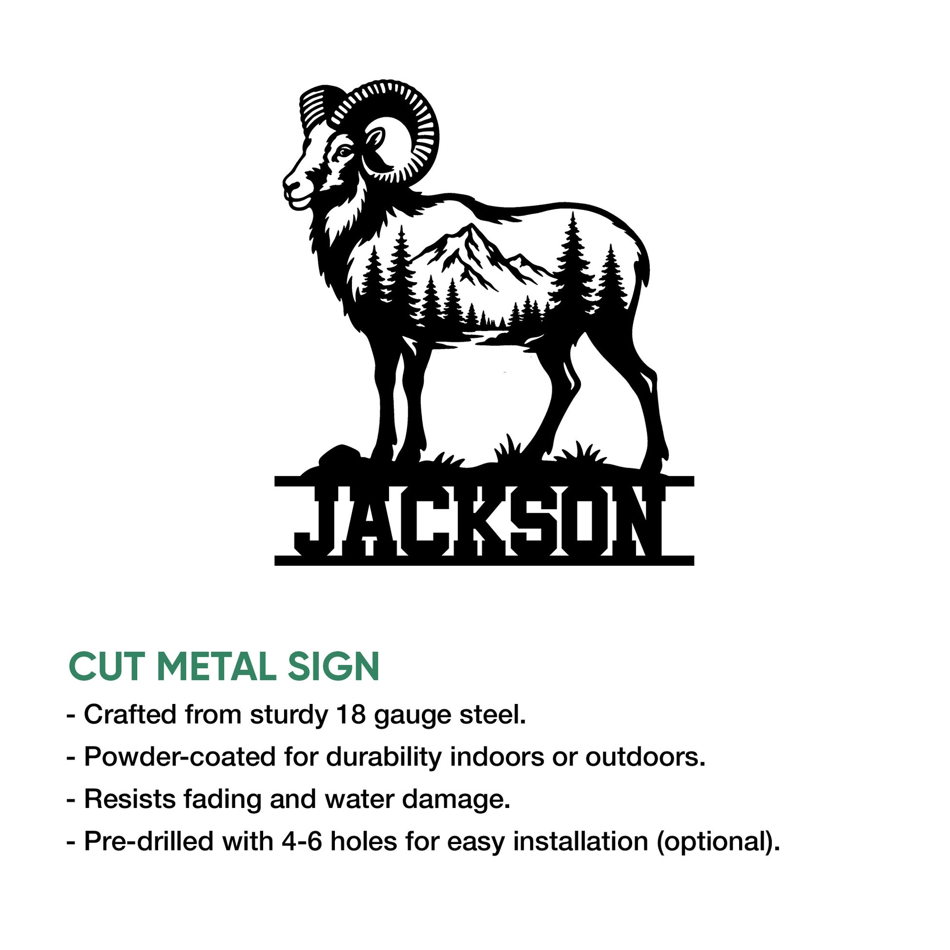 Bighorn sheep cut metal sign design shown with product feature information