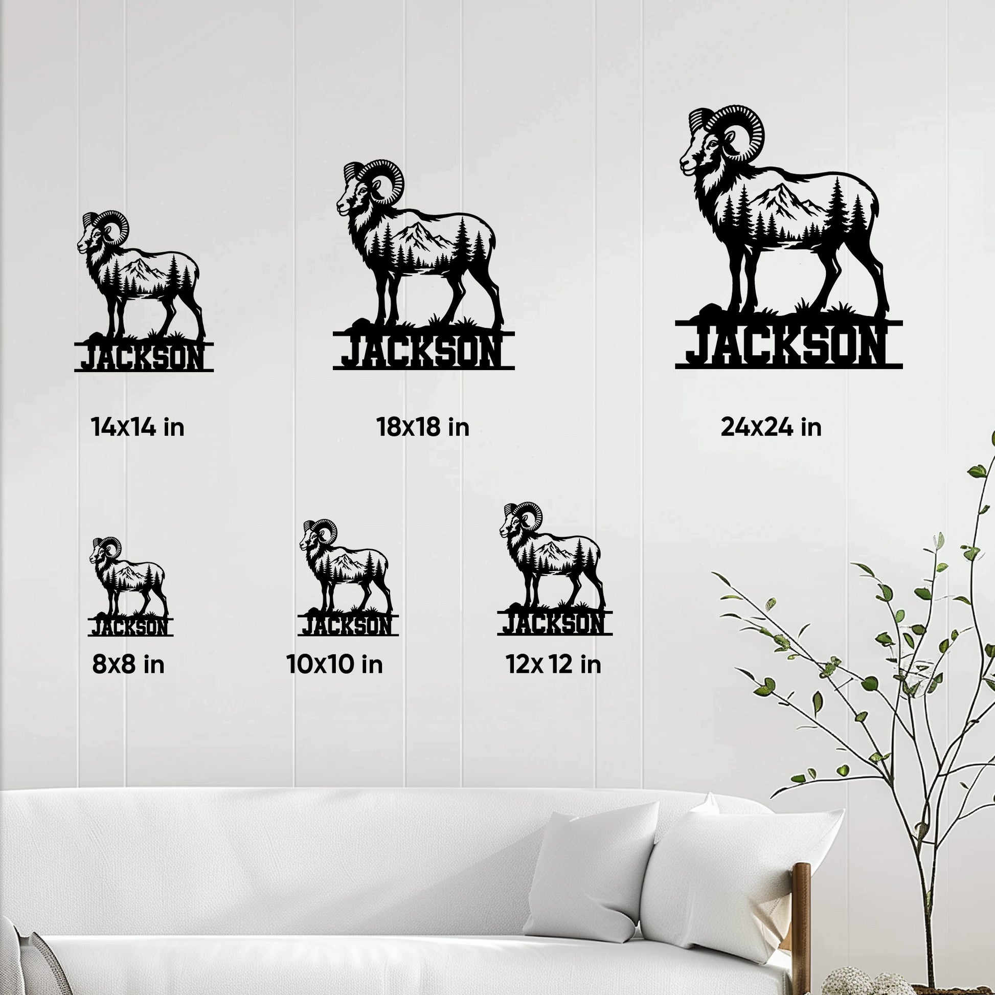 Bighorn sheep metal sign shown in multiple size options on a bright living room wall