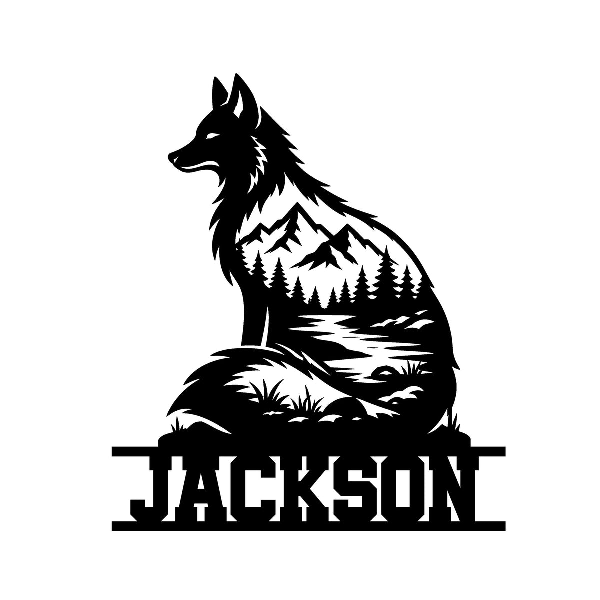 Black wolf metal sign featuring a mountain, pine forest, flowing river, and bold silhouette artwork