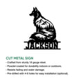 Wolf cut metal sign with mountain wilderness artwork shown alongside product feature information