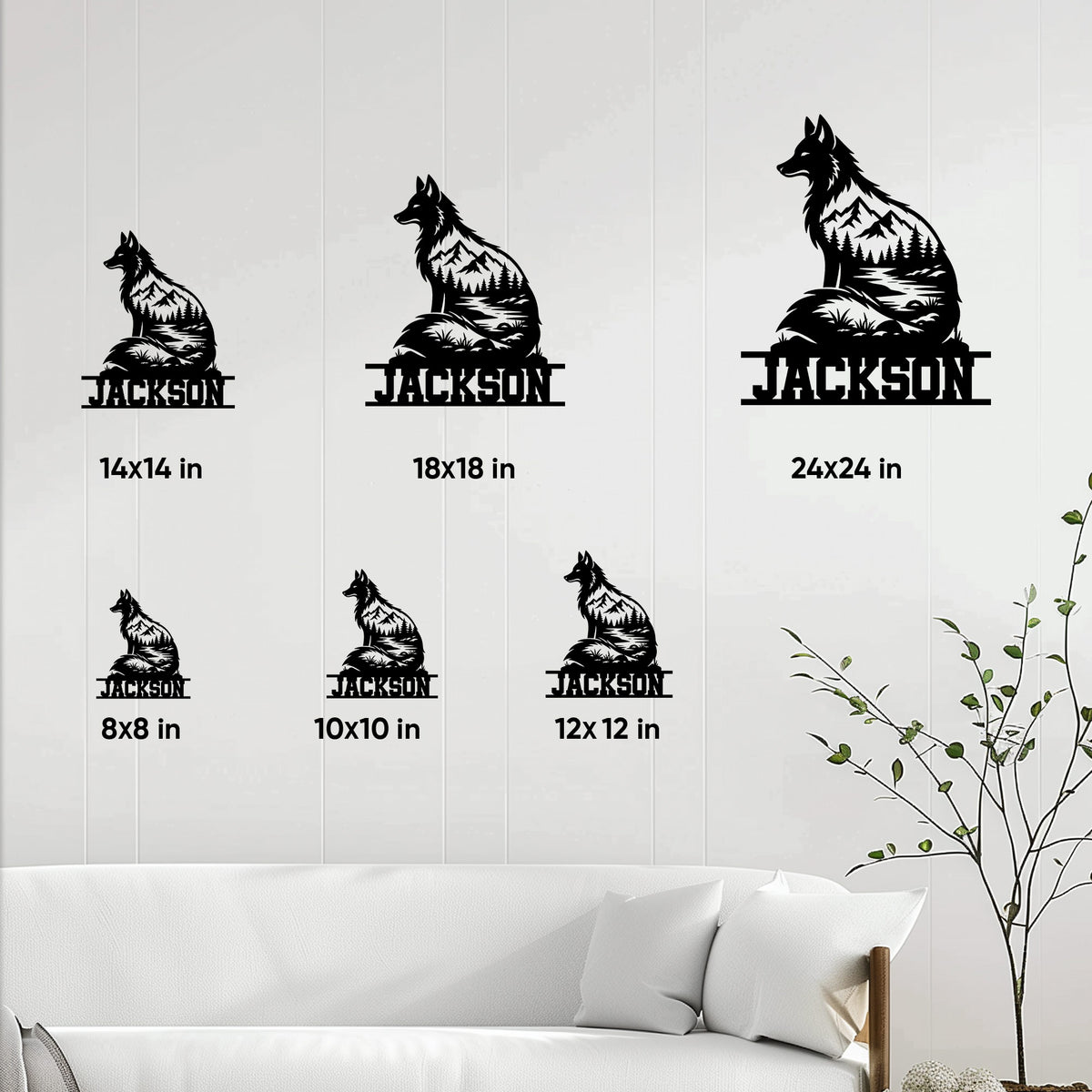 Wolf metal sign size guide showing six square size options from 8 by 8 to 24 by 24 inches