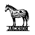 Custom horse metal sign featuring a bold equine silhouette with mountains and desert scenery
