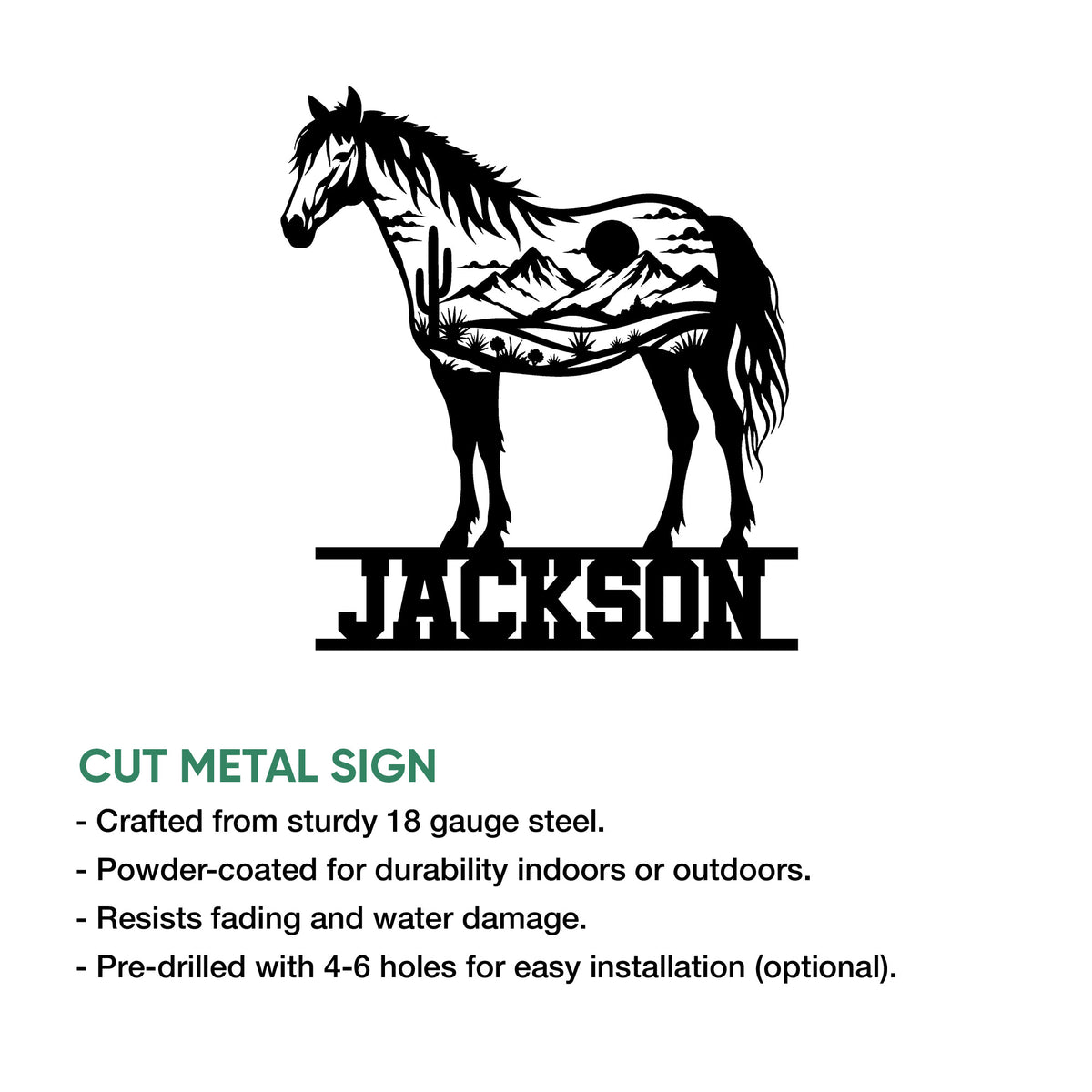 Horse metal sign feature graphic showing the cut-steel design and available product details