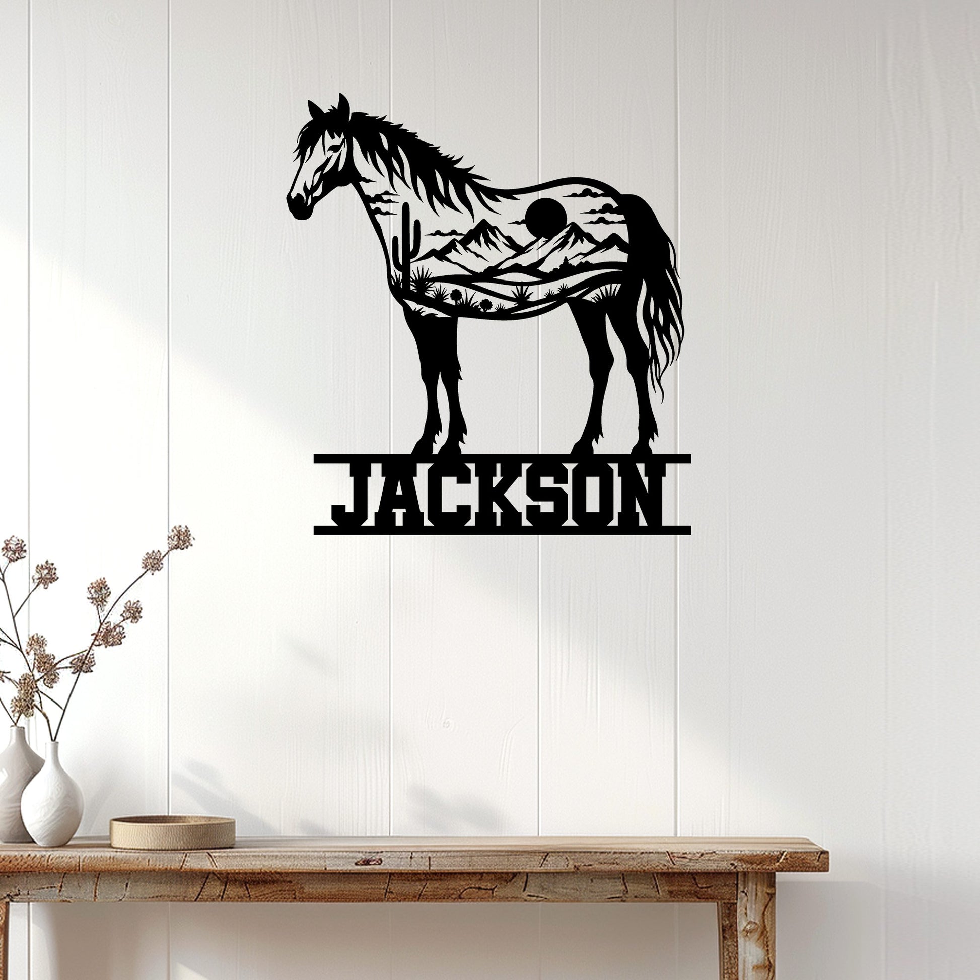 Horse wall decor displayed on a white paneled wall above a rustic console table