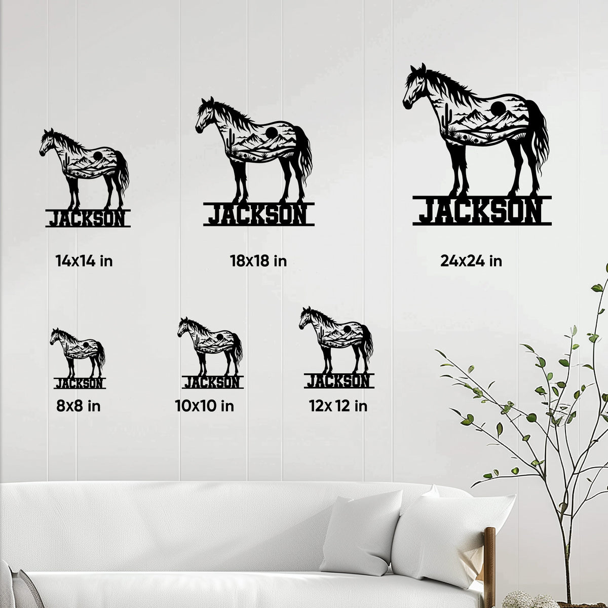 Horse metal sign size guide showing multiple square size options in a home setting