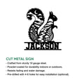 Squirrel wall sign design shown with a nature scene, bold silhouette, and cut metal sign product details