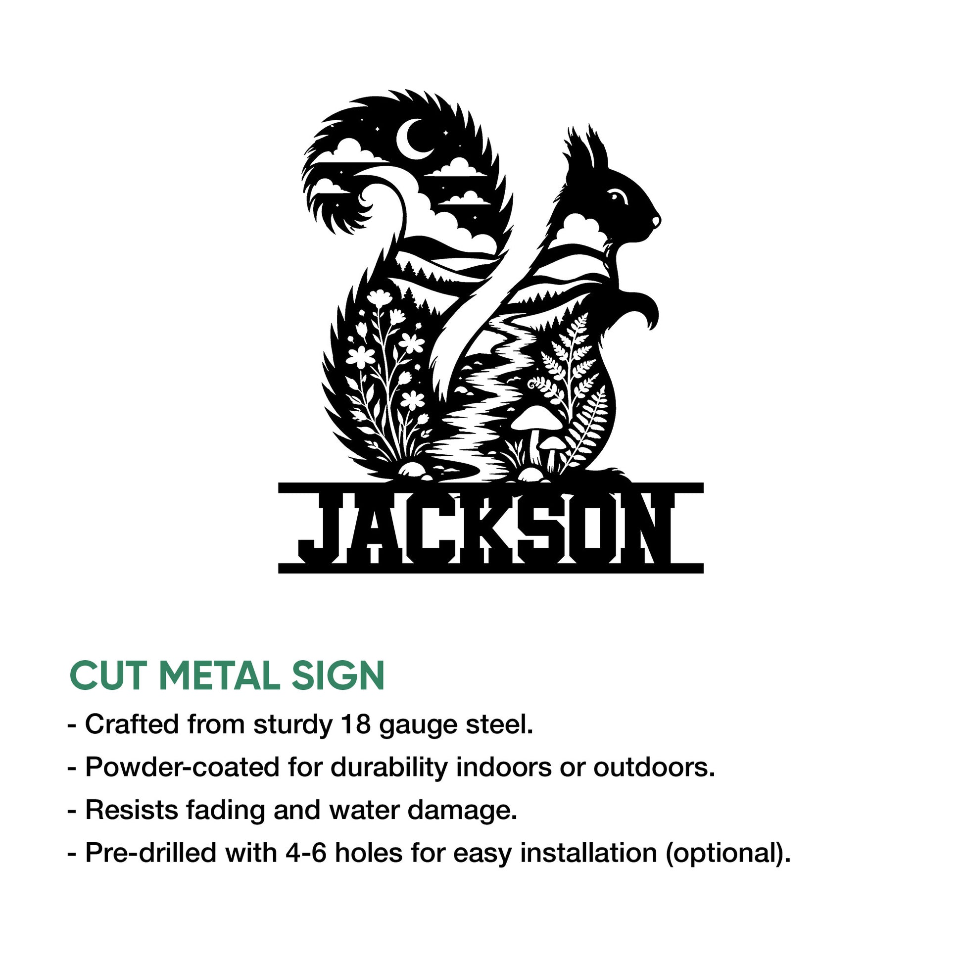 Squirrel wall sign design shown with a nature scene, bold silhouette, and cut metal sign product details